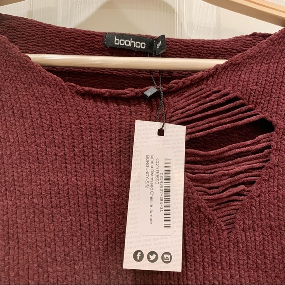 Boohoo Emma Maroon Distressed Chenille Jumper Sweater - Picture 6 of 10